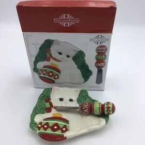 Fitz and Floyd Snack Plate with Spreader Yuletide Kitten